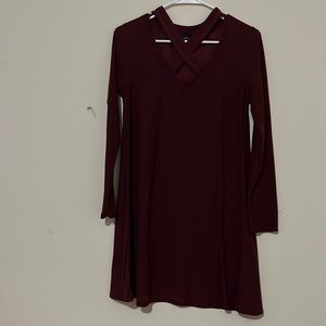 Maroon colored dress with cross neck detail